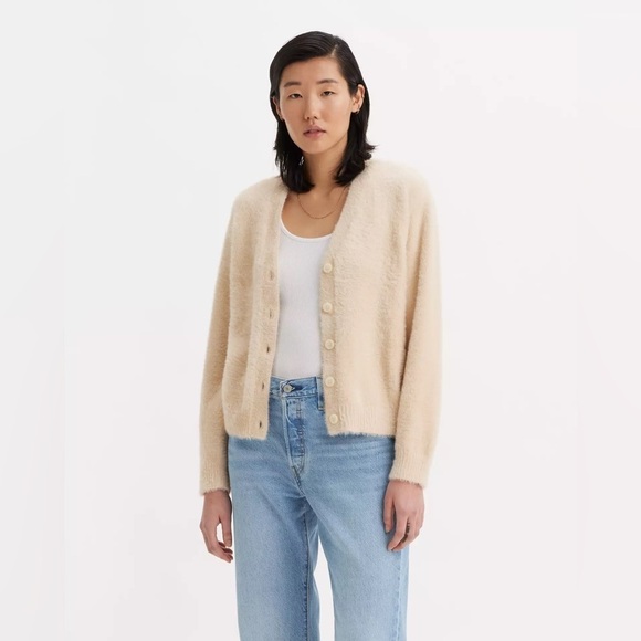 Levi’s Sweater White Fuzzy Betty Cardigan Sweater Relaxed Fit Size Small - Picture 2 of 16